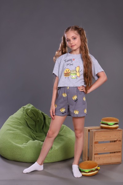 Пижама для девочки Картошка фри арт. ПД-019-046 - серый меланж (Н)