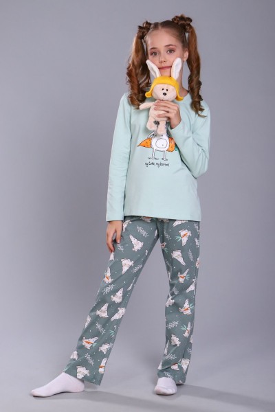 Пижама для девочки Зайцы-морковки арт. ПД-15-048 - ментол-зеленый (Н)