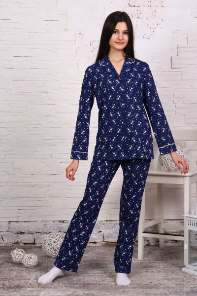 Пижама-костюм для девочки арт. ПД-006 - зайцы на самокатах синие (Н)