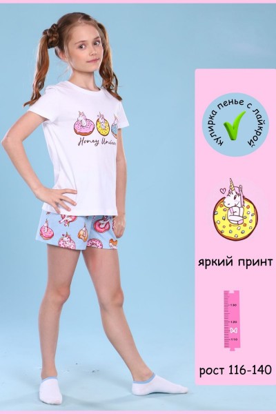 Пижама для девочки Единороги арт.ПД-009-043 - белый-голубой (Н)