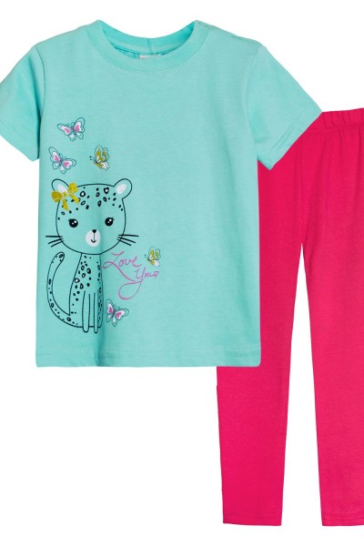 Комплект для девочки 41101 (футболка-лосины) - мятный-розовый (Н)