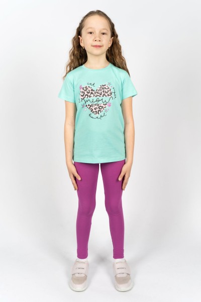 Комплект для девочки 41109 (футболка + лосины) - мятный-лиловый (Н)