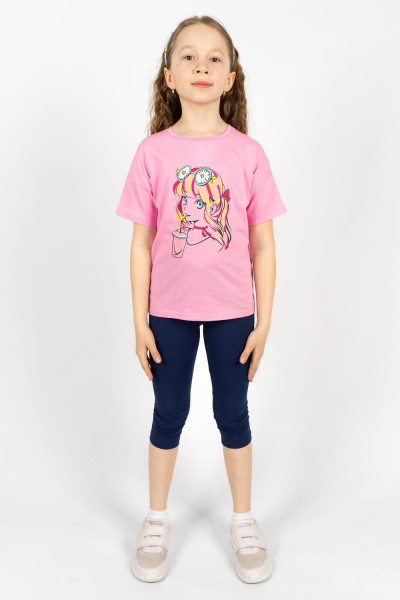 Комплект для девочки 41105 (футболка+ бриджи) - с.розовый-синий (Н)