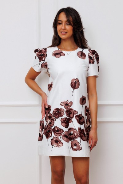 Платье мини женское с цветочным принтом Рапоза, Raposa 355 - белый+коричневый (Н)